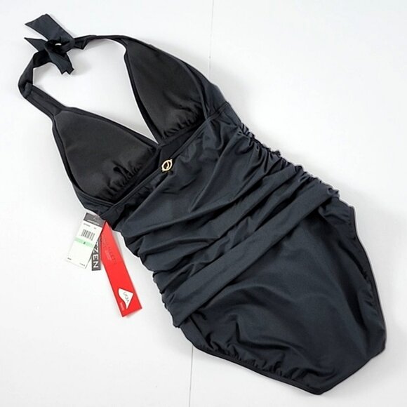 Jantzen Women's Black One Piece Swimsuit Halter Ruched Waist Bejeweled Size 8 - Picture 2 of 15